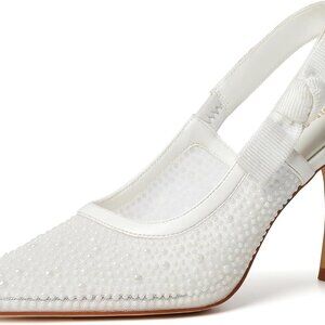 Women Pearl White Slingback Kitten Heel Shoes 3.54 Inch Pointed Toe Pumps